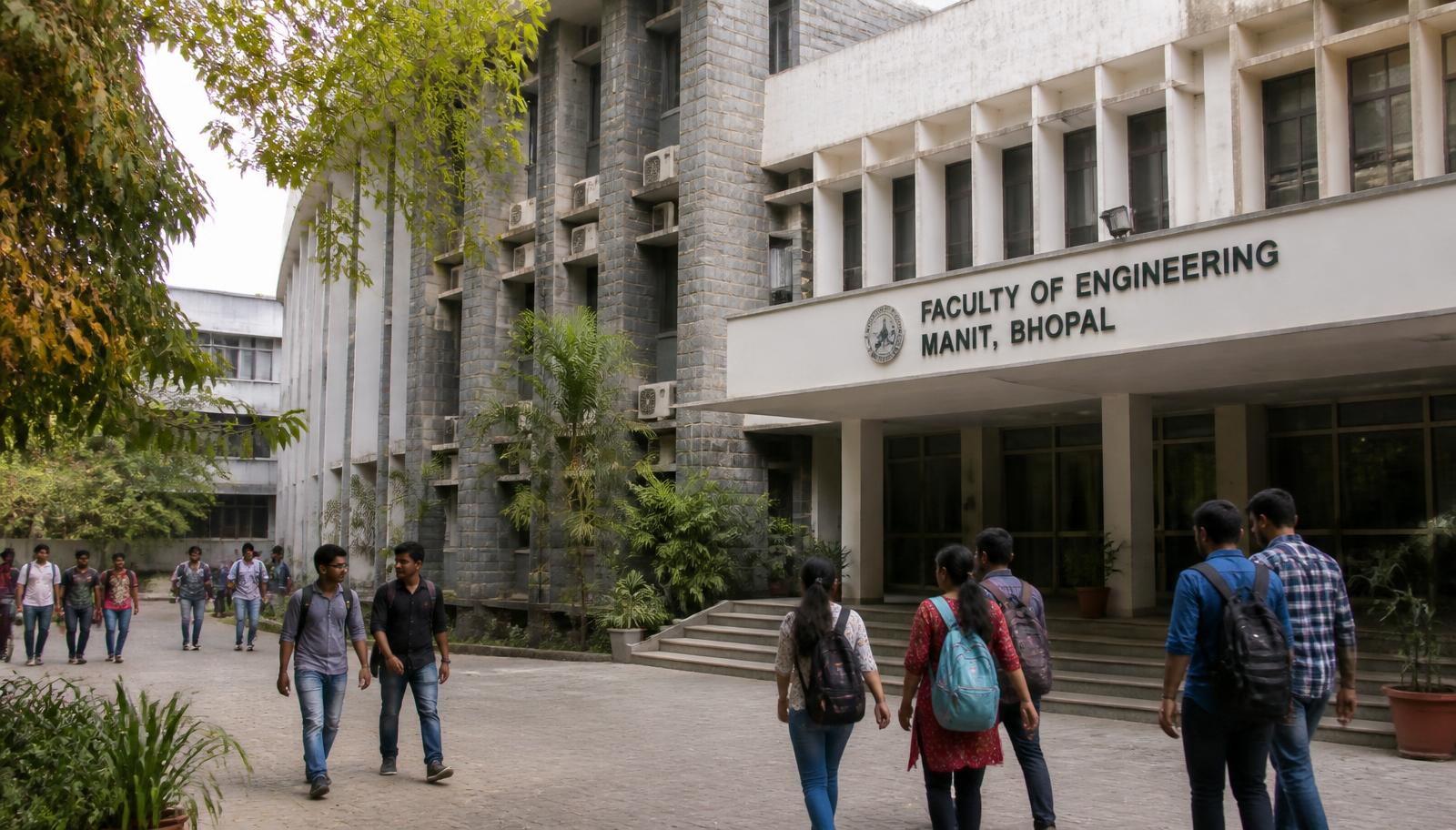 Students walking outside an Indian engineering college faculty building