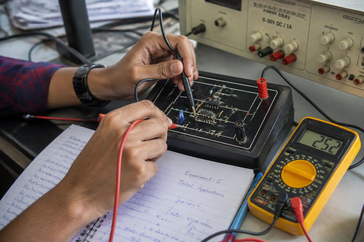 Student measuring a circuit board in an engineering laboratory
